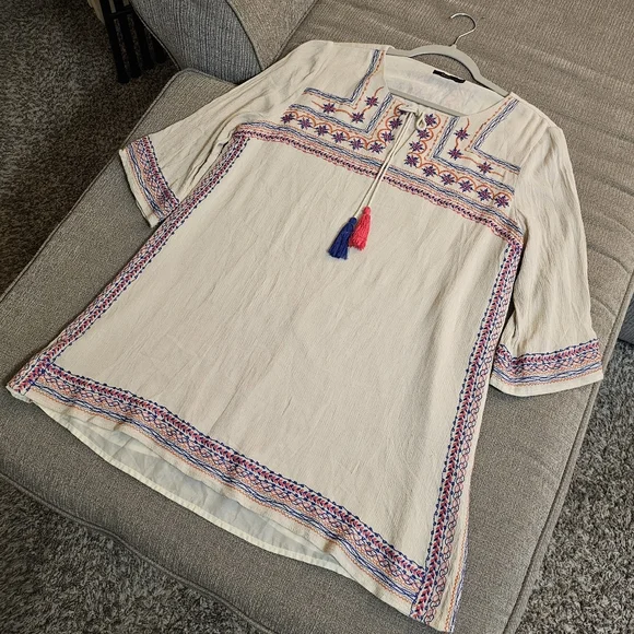 THML Cream Boho Linen Casual Embroidered Boho Cottage Tunic Dress Size XL - Picture 2 of 9